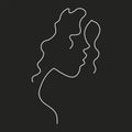 Curly cute girl face. Silhouette of woman head. Black and white. Black background. One line drawing.