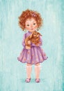 Curly cute redhead girl with the rabbit character on blue background with canvas texture. Ideal for prints, postcards, and posters