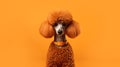 Curly cute poodle on orange background with copy space