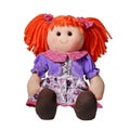 Curly cute rag doll toy smile and sit isolated on white studio shot