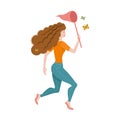 Curly girl chasing a butterfly with a net. Vector illustration