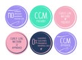 Curly girl method (CGM) approved product symbol set. No sulfates, silicones, parabens, mineral oils. Round icon collection for