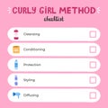 Curly girl method checklist about care of curly hair with cute hand drawn vector illustrations. Right care sequence for beautiful