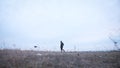 Curly guy with backpack lonely walks a desert coast in late autumn