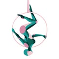 Curly gymnastics with ring, acrobatics, smooth shapes vector silhouette of flexy athletic girl