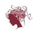 Beautiful Girl Curly hair. Linear illustration profile of a female head.