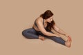 Curly hair massive fat extra folds, cellulite woman, gaining extra weight, doing stretching working out. Warming up