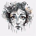 Curly Hair Woman Illustration: Drips, Splatters, And Serene Faces