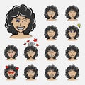 Curly hair women emotions. Facial expression. Girl Avatar. Hand drawn style vector