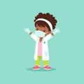 Curly-haired black baby girl in medical mask, gloves and white gown standing with hands up. Kid character playing doctor