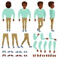 Curly-haired black man constructor. Cartoon creation set with various views front, side, back. Body parts, different