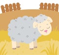 A curly-haired sheep stands in a clearing. Animal in cartoon style. Cute vector lamb on a farm behind a fence. Royalty Free Stock Photo