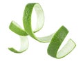 Curly lime peel twist isolated on white background. Fresh lime fruit peel as cocktail ingredient Royalty Free Stock Photo