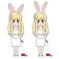 Curly Long Hair Girl with Rabbit Ears Holding Bloody Knife. Vector Illustration. isolated on White Background.