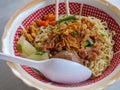 Curly noodles with minced meat, red chili slices, pickles, fried onions and egg topped in a patterned white bowl Royalty Free Stock Photo