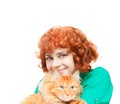 Curly red-haired girl with a red cat isolated Royalty Free Stock Photo