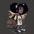 Curly-Silky Adventures: A Detailed Cartoon Illustration of an Adorable Tan Girl with a Backpack