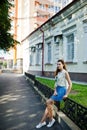 Curly stylish girl wear on blue jeans skirt