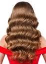 Curly Woman Hairstyle Rear View over isolated White. Wavy Long Shining Hair Styling Back Side. Brunette Model with Hollywood Wave