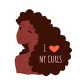 Curly woman winking, I love my curls text, avatar sticker of young happy female character