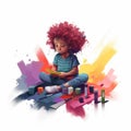 A curlyhaired toddler sits reading a music score surrounded by colorful crayons and a paint palette.. AI generation Royalty Free Stock Photo