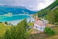 Curon Venosta at Graun im Vinschgau on Lake Reschen submerged tower and Alpine landscape aerial view Royalty Free Stock Photo