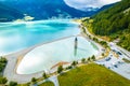 Curon Venosta. Submerged bell Tower in Graun im Vinschgau on Lake Reschen Alpine landscape aerial view Royalty Free Stock Photo