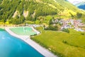 Curon Venosta. Submerged bell Tower in Graun im Vinschgau on Lake Reschen Alpine landscape aerial view Royalty Free Stock Photo