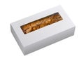 Currant bread with almond paste in carton box isolated on white Royalty Free Stock Photo