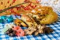 Currant bread with almond paste and other sweet food Royalty Free Stock Photo