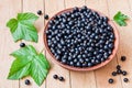 Currant. Fresh berries of black currant on a plate on a wooden table