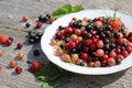 Fresh berries of white, black, currant, cherry, gooseberry and strawberry are on the plate and scattered around it.