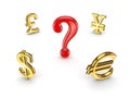 Currencies around red query sign. Royalty Free Stock Photo