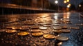 Currencies in the Rain: Euro Coins Sparkle on Rain-Soaked Asphalt at Night