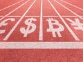 Currencies symbols on running trace start Royalty Free Stock Photo