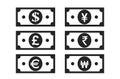 Currency banknotes icon. dollar, euro, british pound sterling, japanese yen, indian rupee and korean won money Royalty Free Stock Photo