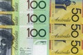 Currency banknotes spread across frame australian dollar in various denomination Royalty Free Stock Photo