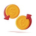 Currency coins with red arrows up adn down, euro and dollar money change rate 3d render icons