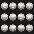 Currency coins symbols icons metallic platinum with highlights set