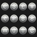 Currency coins symbols icons metallic silver with highlights set