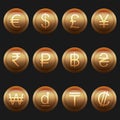 Currency coins symbols icons shiny metallic bronze set