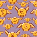 Currency coins with wings, seamless vector pattern of different currencies