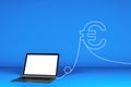 Currency concept with blank white mock up laptop monitor and wire euro sign at blue background Royalty Free Stock Photo