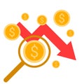 Currency crash, money fail graph. Trading chart, decline red arrow with gold coins. Vector flat illustration Royalty Free Stock Photo