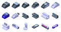 Currency detector icons set isometric vector. Bank cash