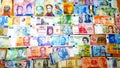 Currency of different countries background. Colorful banknotes of different countries as background close up Royalty Free Stock Photo