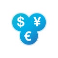 Currency exchange dollar, euro, yen icon. Three most traded currencies in the world in three circles. Vector illustration isolated