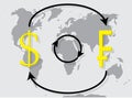 Currency exchange franc dollar on world map background Royalty Free Stock Photo