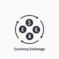 Currency exchange icon. Dollar, Euro, Yuan and GBP icon. Foreign exchange concept. The circulation of money in the world. Vector Royalty Free Stock Photo