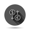 Currency exchange icon in flat style. Dollar euro transfer vector illustration on black round background with long shadow effect. Royalty Free Stock Photo